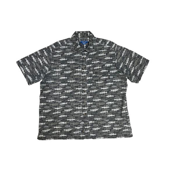 Puritan Mens Gray Fish Print Cotton Button Down Short Sleeve Shirt Sz XL 46-48 - Picture 1 of 10